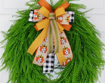Fall Pumpkin Bow, Buffalo Plaid, Autumn Wreath, Lantern, Mailbox Decoration, Harvest Porch Decor
