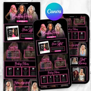 May include: A digital marketing template for a hair stylist website featuring a black background with neon pink text. The layout includes sections for contact info, hours, booking policies, and client reviews, showcasing photos of individuals with various hairstyles.
