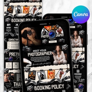 May include: A digital photography booking template displayed on a smartphone screen, featuring a black and beige colour scheme with multiple photo frames, camera icons, film strips, and text including Booking Policy and Meet Your Photographer.