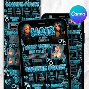 May include: A digital flyer template for a hair stylist featuring a black background with a blue leopard print pattern. The text reads Hair by Jessica, Dallas, Texas, Meet Your Hair Stylist, and Booking Policy, accompanied by icons of handcuffs.