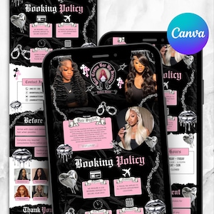 May include: A digital flyer template for a hair salon featuring a black background with pink text boxes, silver metallic heart and lip graphics, and handcuffs. The design includes sections for booking policies, contact information, and hair stylist photos.