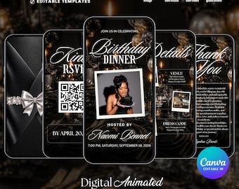 Luxury Gold Black Birthday Dinner Evite:Women's Digital Invitation,Birthday dinner Invitation,Black & Silver Animated Birthday Dinner Invite