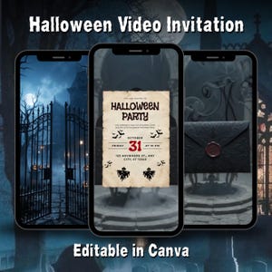 以下が含まれることがあります： ハロウィーンのビデオ招待状テンプレートを表示する3台のスマートフォン。画面には暗い墓地のシーン、コウモリや幽霊が描かれた羊皮紙風のパーティー招待状、赤いワックスシールが付いた黒い封筒が表示されており、Canvaで編集可能です。