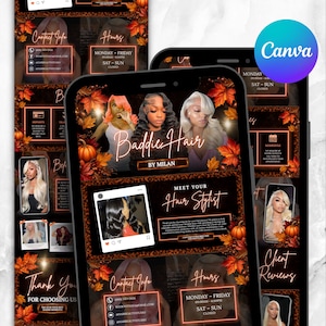 May include: A digital marketing template for a hair salon featuring the text Baddie Hair by Milan, Meet Your Hair Stylist, and Contact Info. The design includes images of people with various hairstyles, autumn leaves, and orange neon borders.