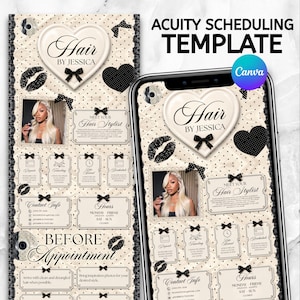 May include: A digital Acuity scheduling template for hair stylists featuring a cream polka dot background, black lace borders, and bow accents. The design includes a heart-shaped logo, a photo placeholder, and sections for contact info, hours, and policies.