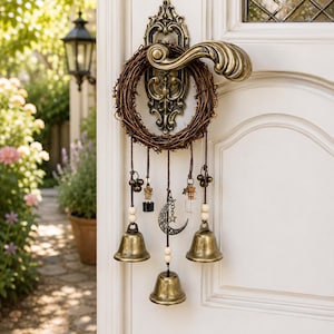 May include: A decorative door hanging featuring a circular brown twig wreath suspended from a brass door handle. The wreath includes hanging elements: three brass bells, two small glass vials with corks, wooden beads, and a silver crescent moon charm.
