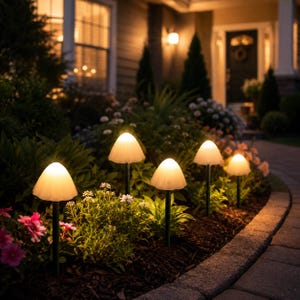 May include: A set of five mushroom-shaped garden lights with glowing white caps and dark stems, positioned in a garden bed. Each light emits a soft, warm illumination, highlighting the surrounding green foliage and pink flowers at dusk.