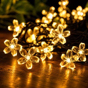 May include: A string of decorative lights featuring clear, five-petaled flower-shaped covers. Each flower contains a warm white LED bulb that emits a soft glow. The lights are connected by a dark wire, creating a cluster of illuminated blossoms.