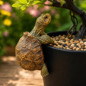 May include: A decorative turtle figurine with a textured brown shell and a green-toned head and limbs. The turtle is positioned to hang over the edge of a black cylindrical planter filled with small, multi-colored pebbles and a dark tree branch.