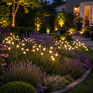 May include: Multiple solar-powered garden stake lights featuring thin, flexible metal stems topped with small, glowing warm white LED bulbs. These decorative fixtures are positioned throughout a garden bed filled with purple lavender plants.