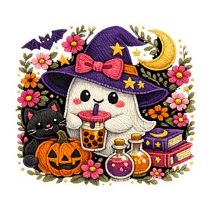Cute Ghost Witch Hat PNG Halloween Shirt Design Spooky Season Sublimation Embroidered Style Ghost Boba Floral Graphic Instant Download