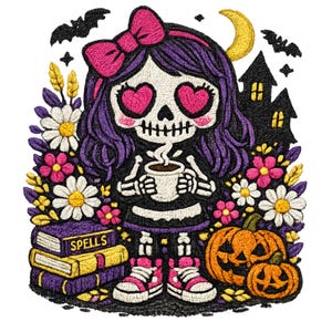 May include: An embroidered patch featuring a skeleton character with purple hair, a pink bow, and heart-shaped eyes holding a steaming mug. The design includes a stack of books labeled SPELLS, two orange pumpkins, flowers, bats, and a haunted house.