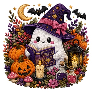 Könnte beinhalten: Ein gestickter Aufnäher mit einem weißen Geist, der einen violetten Hexenhut mit rosa Schleife trägt und ein violettes Buch mit der Aufschrift SPELLS liest. Umgeben von orangefarbenen Kürbissen, einer Laterne, Kerzen, Trankflaschen und Fledermäusen.