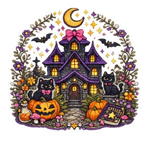 Haunted House Halloween PNG Trendy Spooky Season Shirt Design Cute Halloween Town Black Cat Pumpkin Patch Floral Graphic Instant Download
