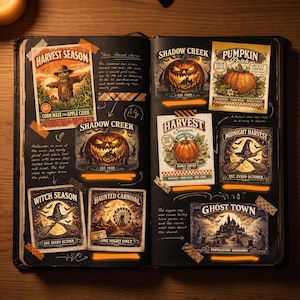 Könnte beinhalten: Ein aufgeschlagenes Notizbuch mit verschiedenen Aufklebern und Etiketten im Vintage-Stil zu Halloween und Herbst. Die Motive zeigen eine Vogelscheuche, Kürbisse, einen Hexenhut mit Besen, einen Jahrmarkt und ein Spukhaus mit verschiedenen Texten.
