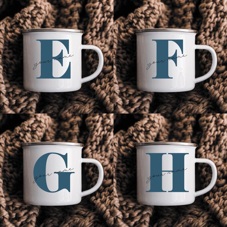 May include: Four white enamel mugs with a silver rim, each featuring a large blue serif letter E, F, G, or H. The text "your name" is printed in a thin, black cursive script across the center of each letter on these four individual mugs.