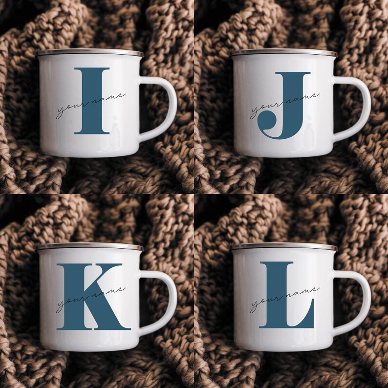May include: Four white enamel mugs with a silver rim, each featuring a large blue letter I, J, K, or L. Below each letter, the text your name is written in a thin, black, cursive script. The mugs have a side handle and a smooth finish.