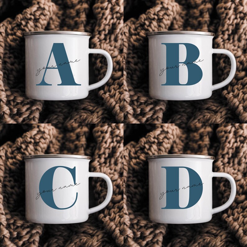 May include: Four white enamel mugs with a silver rim, each featuring a large blue serif letter A, B, C, or D. Below each letter, the text your name is written in a thin, black cursive script. The mugs are arranged in a grid pattern.