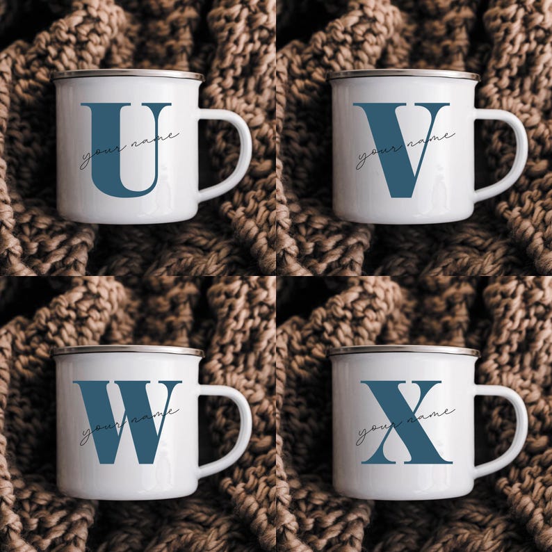May include: Four white enamel mugs with a silver rim and handle. Each mug features a large blue serif letter U, V, W, or X, with the cursive text your name printed in black below each letter. The mugs are arranged in a grid pattern.