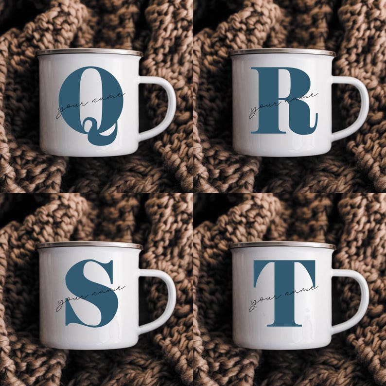May include: Four white enamel mugs with a silver rim, each featuring a large blue letter Q, R, S, or T. Below each letter, the text your name is written in a thin black cursive script. The mugs have a side handle and a smooth finish.