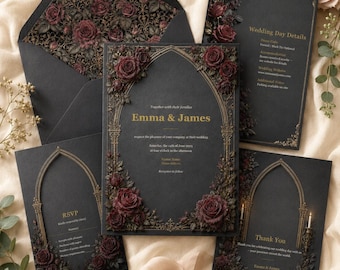 Puede incluir: Un juego de papelería de boda negro con marcos de arco gótico dorados y adornos de rosas rojo oscuro. El set incluye un sobre con forro floral, una invitación para Emma & James, una tarjeta RSVP, una tarjeta de detalles y una de agradecimiento.