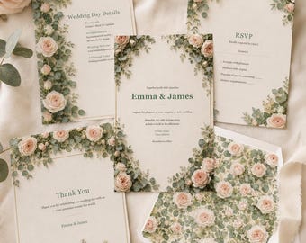 Puede incluir: Un conjunto de papelería de boda con tarjetas de color crema, texto verde oscuro y bordes florales de rosas rosadas y hojas de eucalipto. El set incluye una invitación, tarjeta RSVP, tarjeta de detalles, nota de agradecimiento y sobre.