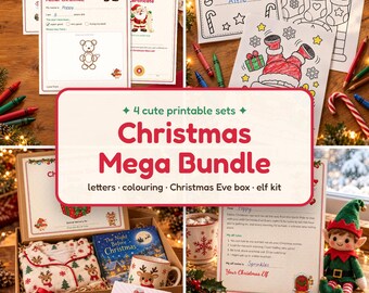 Puede incluir: Un conjunto imprimible Christmas Mega Bundle que incluye cartas a Santa, un libro para colorear, un certificado Nice List y tarjetas de actividades. La colección contiene una caja con pijama, un libro, una taza, una llave y comida para renos.