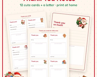 Puede incluir: Un conjunto de tarjetas de agradecimiento navideñas imprimibles para niños con ilustraciones festivas de Santa Claus, un petirrojo y un muñeco de nieve. Las páginas incluyen plantillas con líneas y recuadros, con el texto Kids' Christmas Thank You Notes.