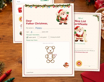 Puede incluir: Una plantilla de carta para Papá Noel con una ilustración de Santa, un certificado de lista de buenos y una hoja de etiquetas. La carta incluye campos para el nombre, la edad, casillas de verificación y un espacio para dibujar.