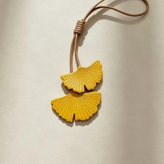 Handmade Ginkgo Leaf Leather Bag Charm, Autumn Keychain, Fall Keyring, Botanical Purse Charm Accessory