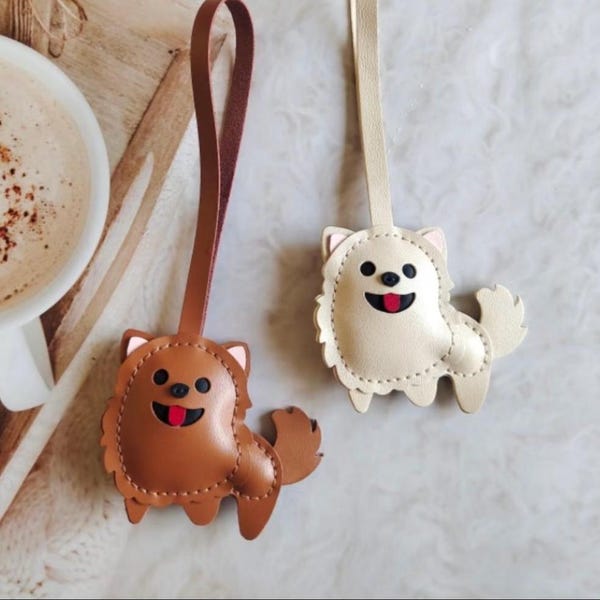 Handgefertigter Schlüsselanhänger aus Pomeranian-Leder, Hunde-Taschenanhänger, Accessoire für Handtaschen, Geschenk für Tierliebhaber