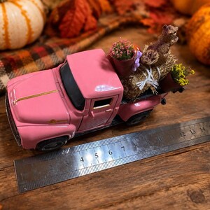 May include: A pink toy pickup truck with a bed containing a miniature bale of hay, a small brown squirrel figurine, and two tiny potted plants. A metal ruler is placed alongside the truck, showing a length of approximately 6 inches.