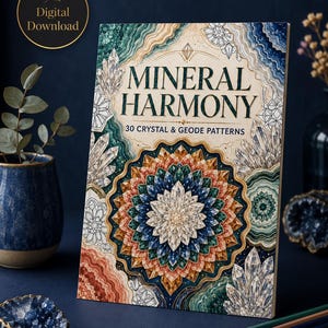 May include: A rectangular coloring book titled Mineral Harmony 30 Crystal & Geode Patterns featuring a central colorful mandala design surrounded by illustrations of various crystals and geological formations in shades of blue, green, and orange.