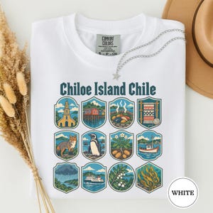 May include: A white t-shirt featuring the text "Chiloe Island Chile" above a grid of twelve illustrated shields. The graphics depict local landmarks, a fox, a penguin, a boat, a ferry, and regional flora, all rendered in a colourful, detailed style.