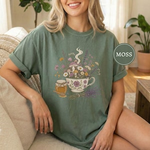 Cottagecore Tea Wildflowers Shirt, Cozy Slow Living Floral Teacup Tee, Cute Botanical Tea Lover Gift, Cottagecore Gift For Women Moss