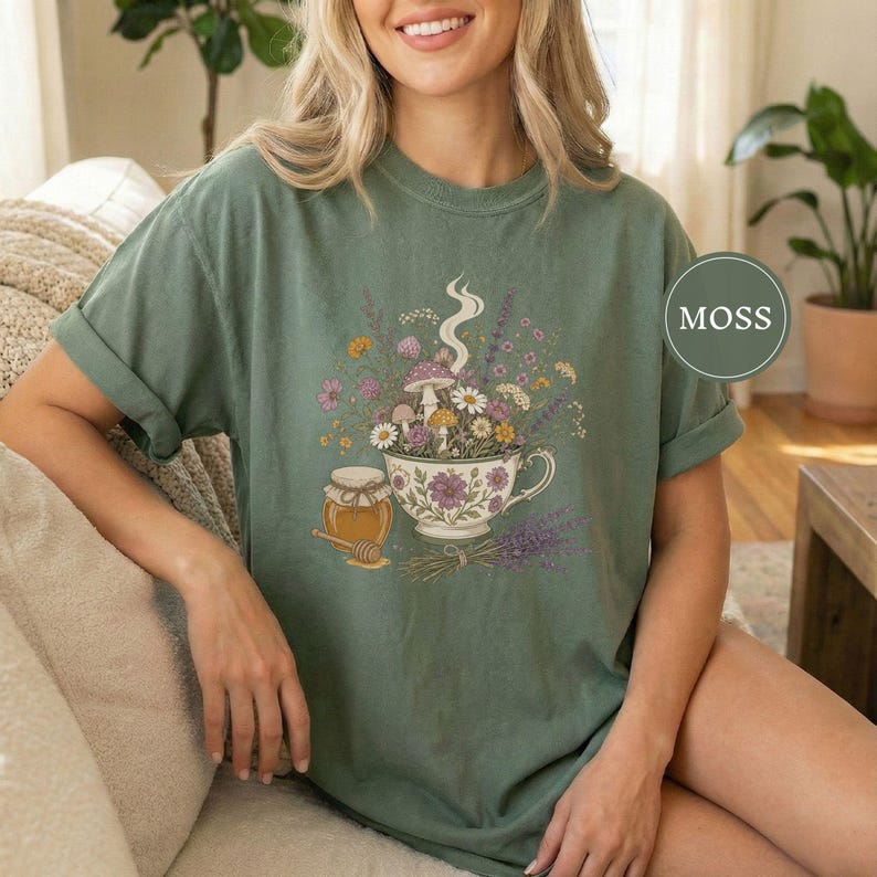 Cottagecore Tea Wildflowers Shirt, Cozy Slow Living Floral Teacup Tee, Cute Botanical Tea Lover Gift, Cottagecore Gift For Women Moss