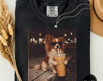Funny Papillon Drinking Iced Coffee Shirt, Papillon Dog Mom Gift, Funny Papillon Meme Tee, Papillon Lover Gift, Cute Papillon Dad Shirt
