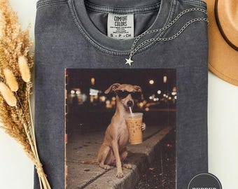 Funny Italian Greyhound Drinking Iced Coffee Shirt, Funny Italian Greyhound Meme Tee, Italian Greyhound Lover Gift, Retro Dog Photo Tee