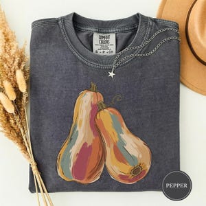 May include: A charcoal grey crewneck t-shirt with a Comfort Colors label at the inner neckline. The front features a graphic illustration of two butternut squashes with colourful, painterly brushstroke textures in shades of orange, yellow, and blue.