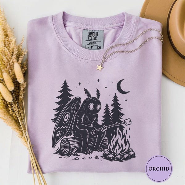 Mothman Roasting Marshmallow Campfire Tshirt, Funny Cryptid Camping Tee, Vintage Engraved Monster Shirt, Cryptid Camp Gift for Campers