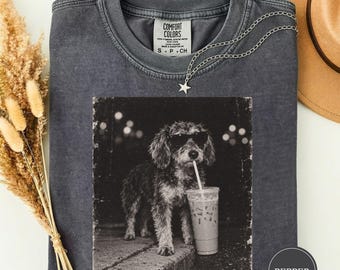 Funny Schnoodle Drinking Iced Coffee Tshirt, Black and White Dog Tee, Schnoodle Dog Mom Gift, Funny Schnoodle Meme Tee, Coffee Dog Tee
