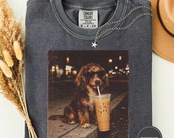 Funny Bernedoodle Drinking Iced Coffee Tee, Bernedoodle Lover Gift, Cute Bernedoodle Dad Shirt, Bernedoodle Coffee Lover Tee, Puppy Tee