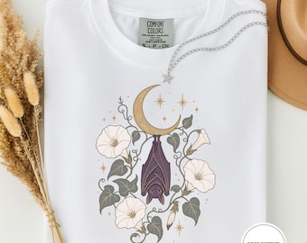 Bat And Moonflower Night Bloom Tee, Bat Tee, Goth Botanical Art, Cute Bat Gift, Moonflower Tee, Cottagecore Bat, Witchy Shirt