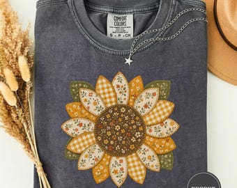 Faux Patchwork Sunflower Bloom Tee, Quilt Block Flower, Cottagecore Bloom, Sunflower Craft Tee, Crafty Gift, Craft Lover Gift