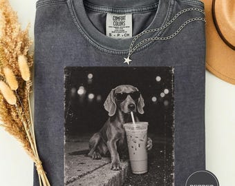 Weimaraner Drinking Iced Coffee Tshirt, Black and White Dog Tee, Weimaraner Dog Mom Gift, Funny Weimaraner Meme Tee, Coffee Dog Tee