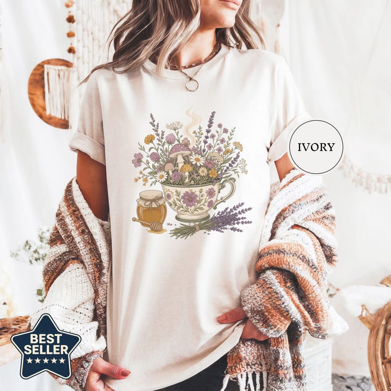 Cottagecore Tea Wildflowers Shirt, Cozy Slow Living Floral Teacup Tee, Cute Botanical Tea Lover Gift, Cottagecore Gift For Women Ivory