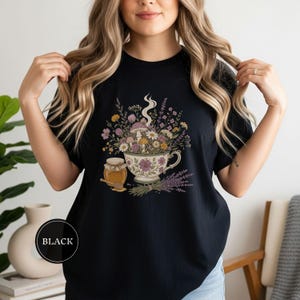 Cottagecore Tea Wildflowers Shirt, Cozy Slow Living Floral Teacup Tee, Cute Botanical Tea Lover Gift, Cottagecore Gift For Women Black