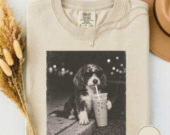 Bordoodle Drinking Iced Coffee Tshirt, Black and White Dog Tee, Bordoodle Dog Mom Gift, Funny Bordoodle Meme Tee, Bordoodle Lover Gift