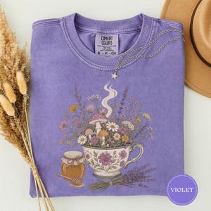 Cottagecore Tea Wildflowers Shirt, Cozy Slow Living Floral Teacup Tee, Cute Botanical Tea Lover Gift, Cottagecore Gift For Women Violet