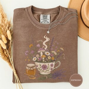 Cottagecore Tea Wildflowers Shirt, Cozy Slow Living Floral Teacup Tee, Cute Botanical Tea Lover Gift, Cottagecore Gift For Women Espresso